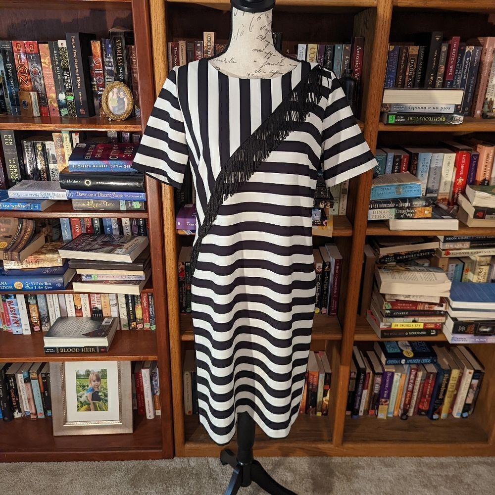 CHRISTINA Barros striped fringe dress sz 36 nwt black & white shift short sleeve